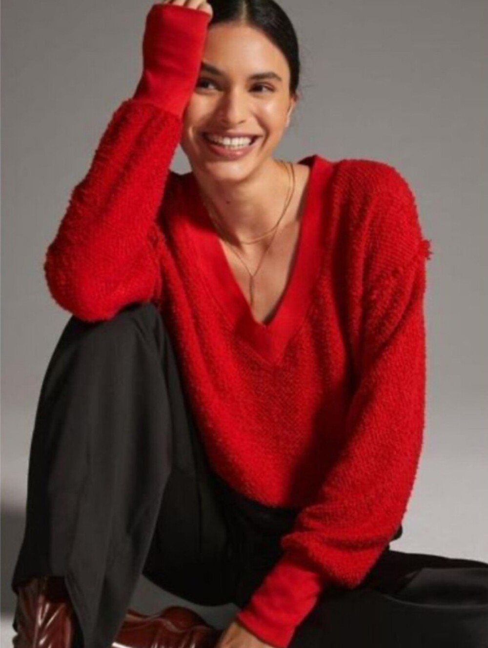 NWT Anthropologie T.LA Zuri Red Fringed Textured Knit V-neck Sweater Size Large